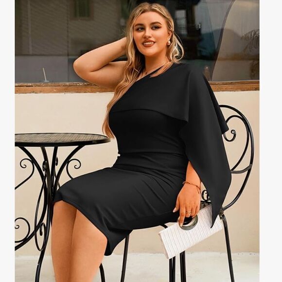 Elegant One Shoulder Layered Irregular Sleeve Black  Midi Dress - Picture 2 of 13